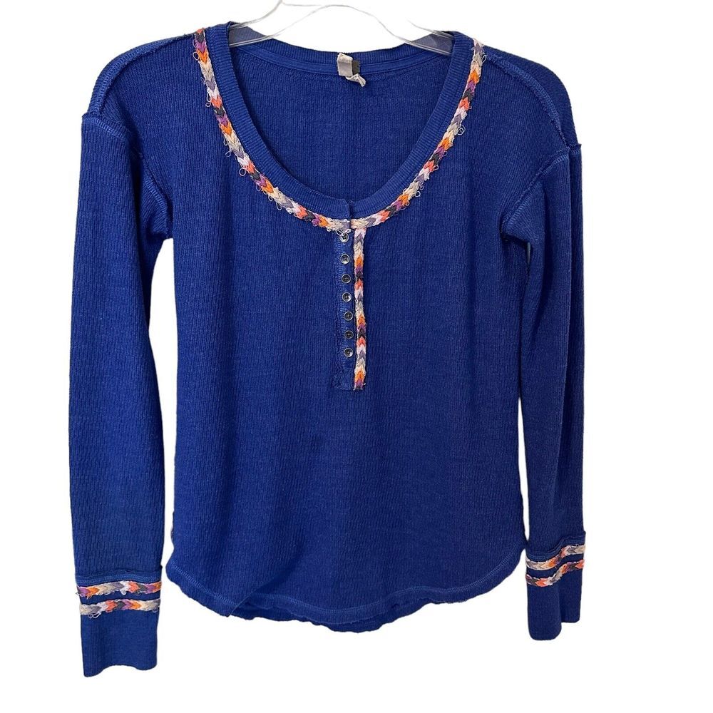 Free People Royal Blue Rainbow Embroidered Henley Thermal Top‎ Boho Small